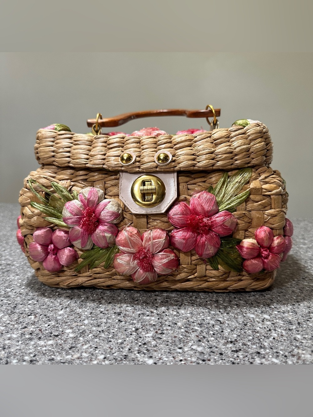 Vintage Woven Straw Basket Box Purse Handbag Wood Handle Raffia Flowers 10x6” - Picture 4 of 10